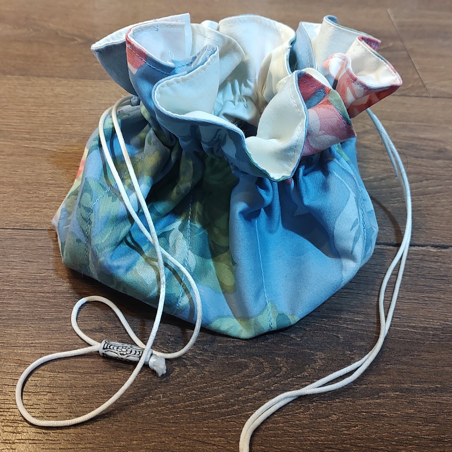 Bag - Handmade open-flat drawstring bag - Blue with pink and green floral print