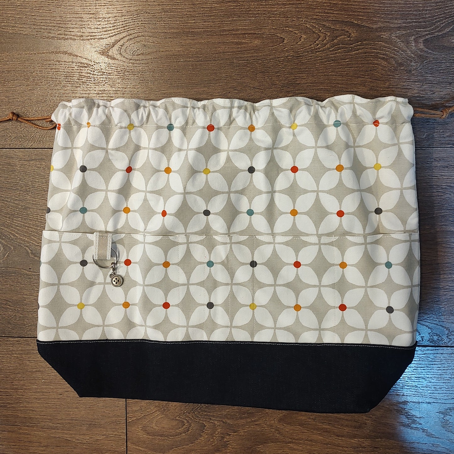 Bag - Handmade drawstring bag - Tea cake and make - grey with denim bottom