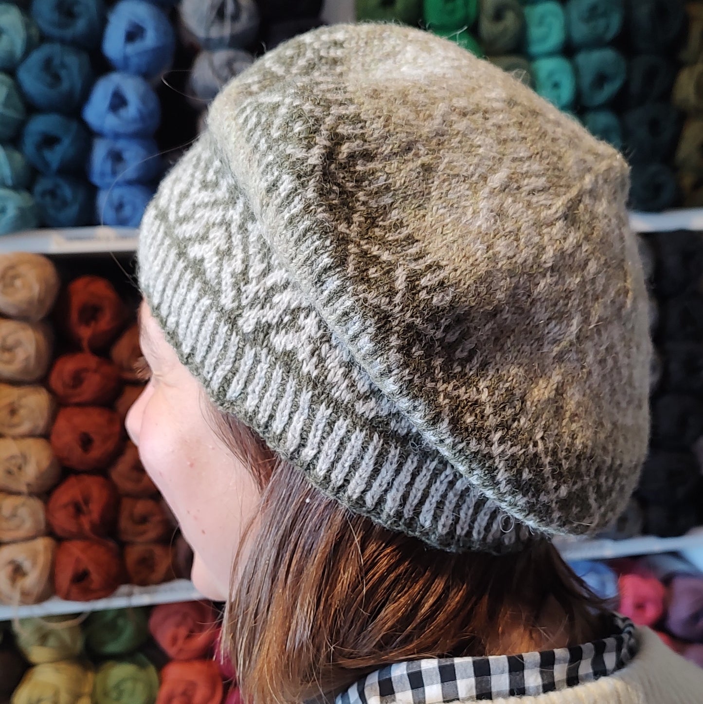 Knitted Hat - colourwork beret in greens and neutrals