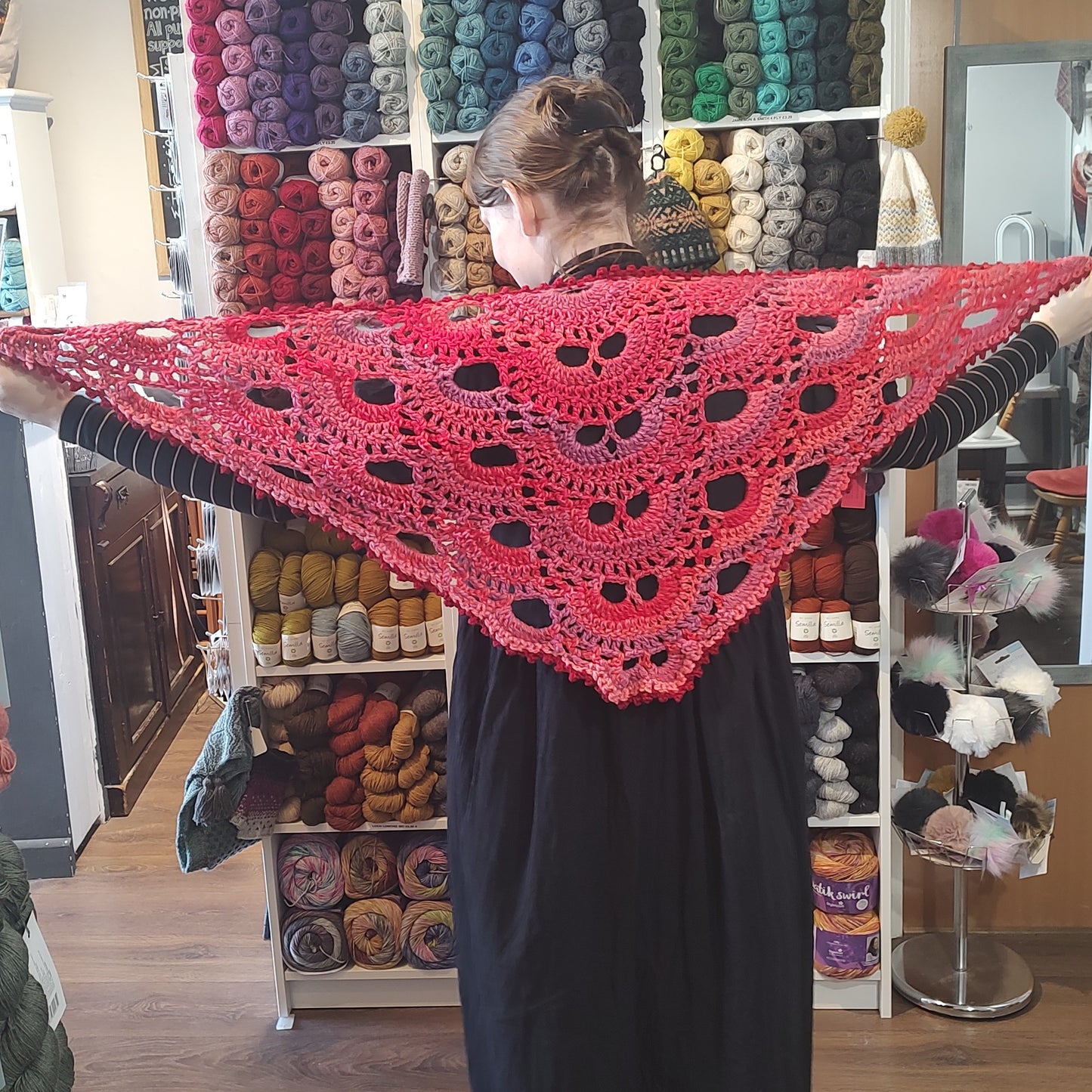 Crocheted Shawl - Virus Shawl pinks and reds