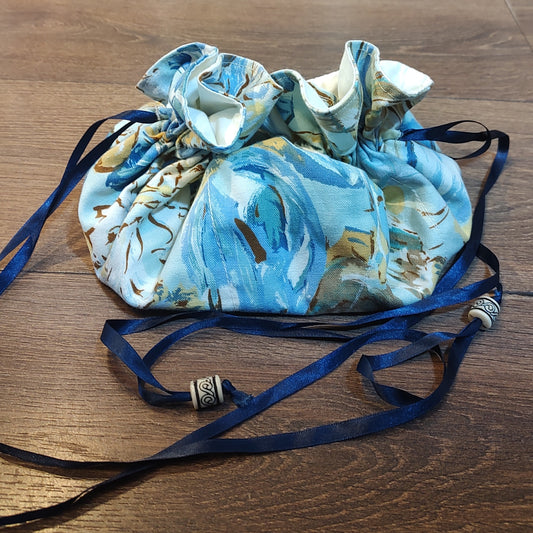 Bag - Handmade open-flat drawstring bag - Blue with blue and yellow print