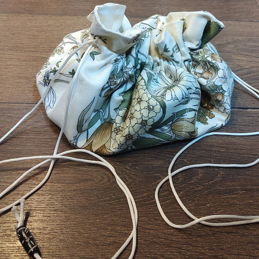 Bag - Handmade open-flat drawstring bag - Green and yellow floral print
