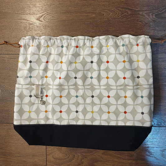 Bag - Handmade drawstring bag - Tea cake and make - grey with denim bottom